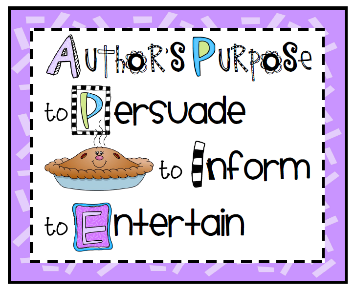 The authors purpose. Recognizing author's purpose. Pie persuade inform entertain pictures for children.