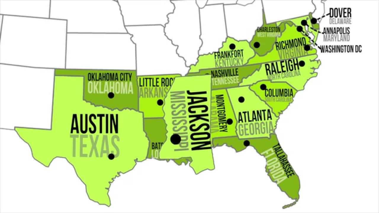 Southeast. South USA. Southern States. Map of Southern States. South East States.