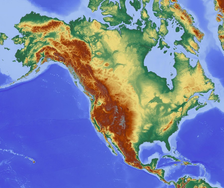 Карта с рельефом северной америки
