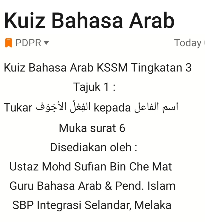 Kuiz Bahasa Arab KSSM Ting. 3