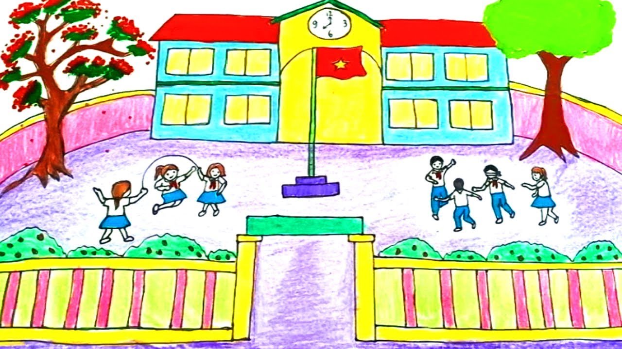 Album hình vẽ ngôi trường của em với nhiều màu sắc và chủ đề khác nhau