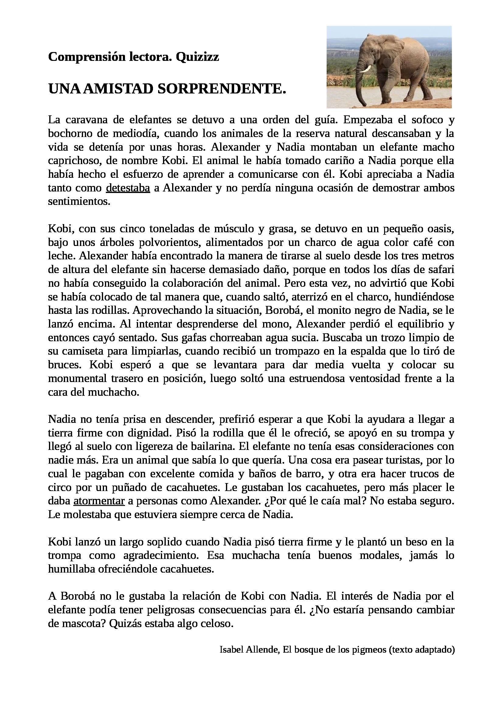 Comprensi n lectora. Una amistad sorprendente elefante 68