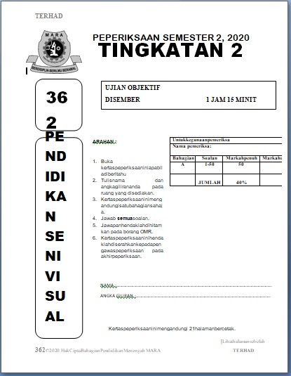 PEPERIKSAAN SEM 2 PSV TINGKATAN 2  Arts  Quizizz