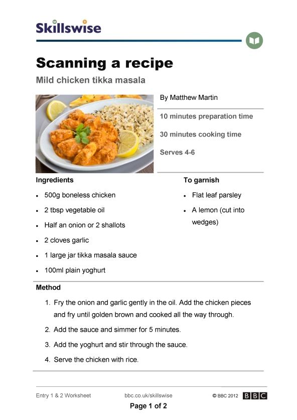 Parts Of A Recipe Worksheet