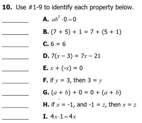 Properties of Real Numbers Starter