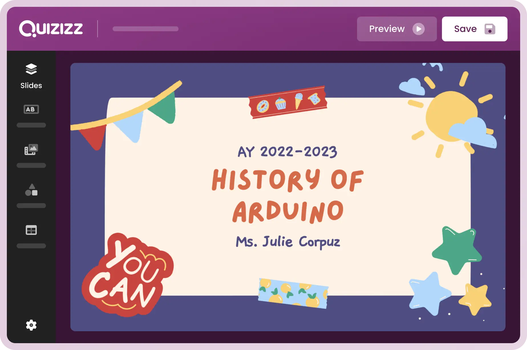 A screen displaying a colorful slide from a Quizizz Lesson titled 'History of Arduino'