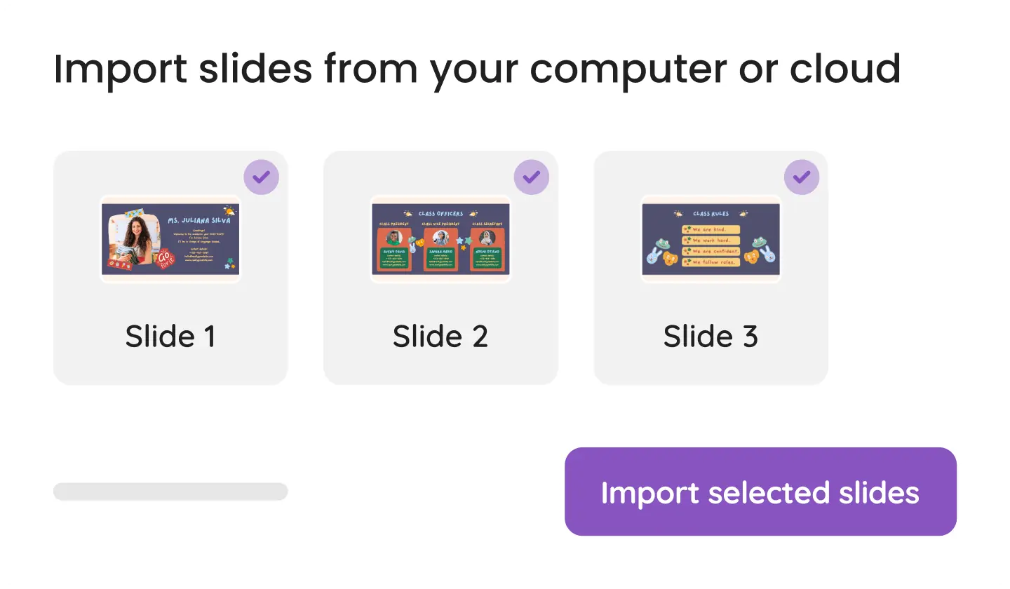 A Quizizz screen displaying the option to import slides from your computer or cloud